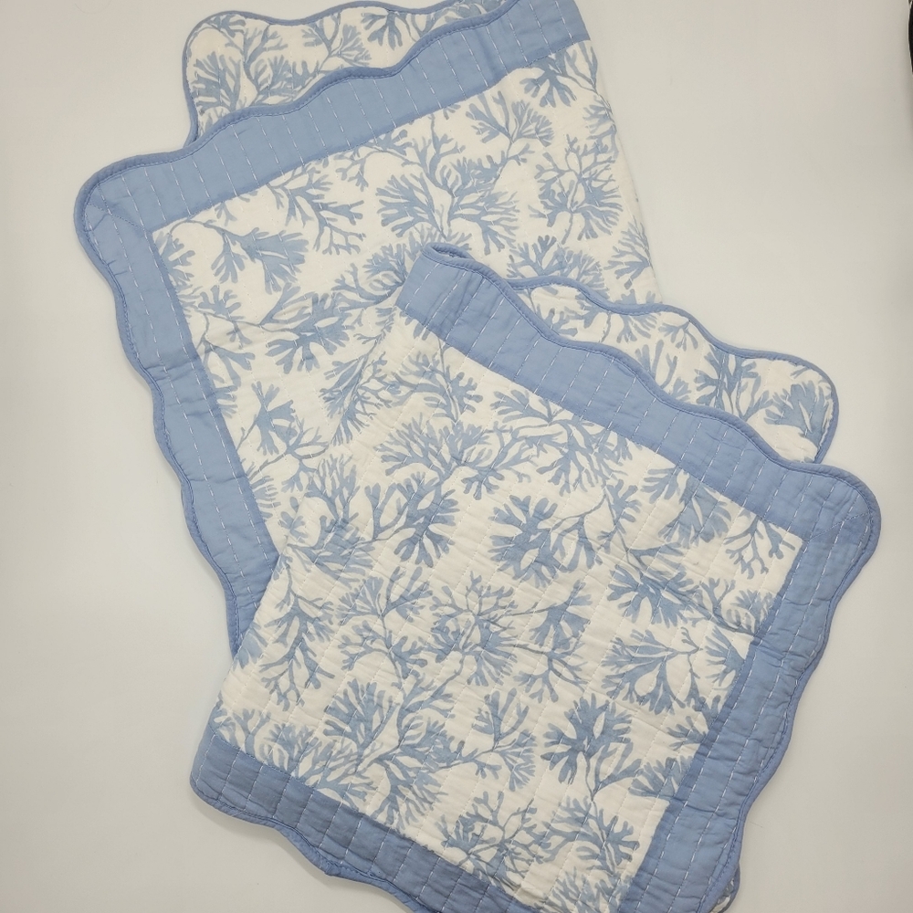 Sigrid Olsen Pillow Shams 2 Coral Print Blue White Quilted Scallop Hem King Size